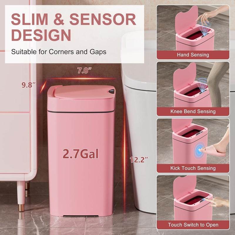 Vanpopubs 2 Pack 2.7 Gal Bathroom Trash Can with Lid, Automatic Trash Can Small Smart Garbage Can Touchless, Slim Motion Sensor Waterproof Plastic Trash Bins for Bedroom Office Kitchen Toilet Pink - Image 3